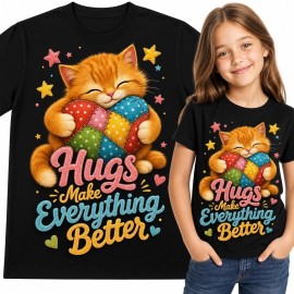 Koszulka dziewczęca z rudym kotkiem i sercem „Hugs Make Everything Better” - kolorowy nadruk