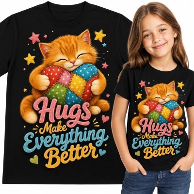Koszulka dziewczęca z rudym kotkiem i sercem „Hugs Make Everything Better” - kolorowy nadruk