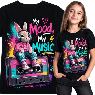 Koszulka dziewczęca z królikiem w słuchawkach „My Mood, My Music” - muzyczny wzór retro