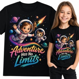Koszulka dziewczęca z astronautką i kotem „Adventure Has No Limits” - kosmiczna przygoda