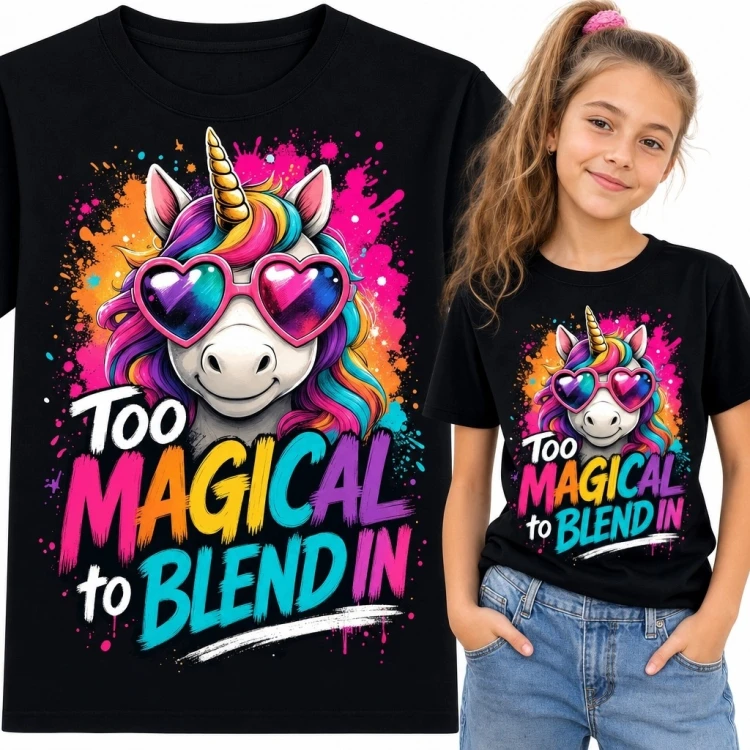 Koszulka dziewczęca z jednorożcem i napisem „Too magical to blend in” - neonowy wzór