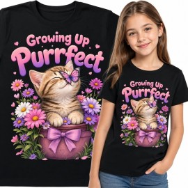 Koszulka dziewczęca z kotkiem w kwiatach „Growing Up Purrfect”