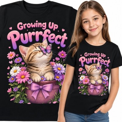Koszulka dziewczęca z kotkiem w kwiatach „Growing Up Purrfect”
