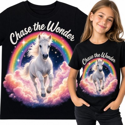 Koszulka dziewczęca z jednorożcem „Chase the Wonder” - tęcza i różowe chmury