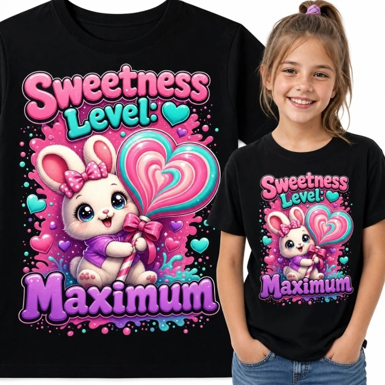 Koszulka dziewczęca z króliczkiem i sercowym lizakiem „Sweetness Level: Maximum” - kawaii