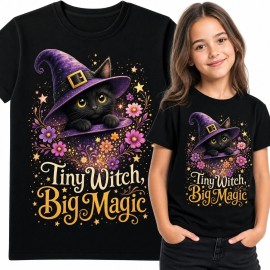 Koszulka dziewczęca z magicznym kotkiem „Tiny Witch, Big Magic”