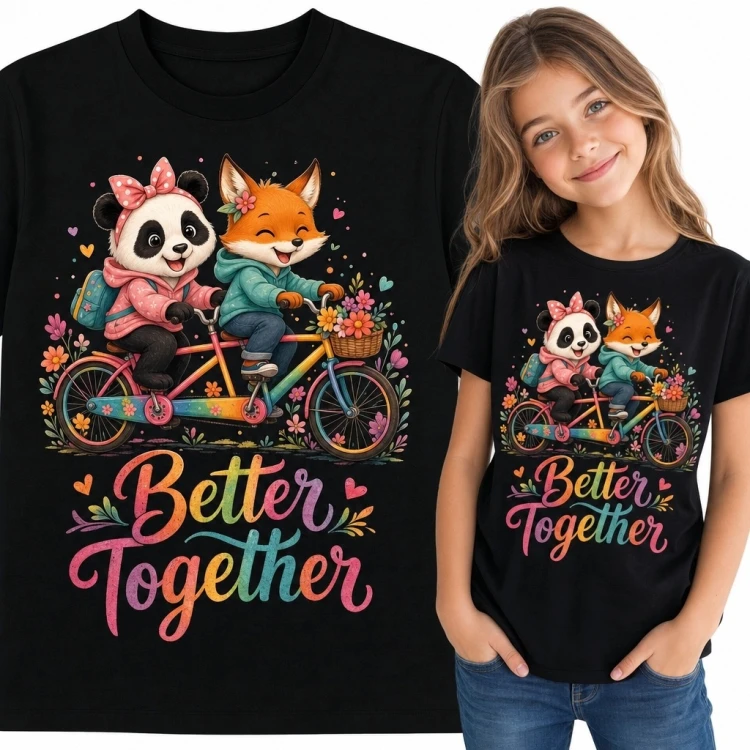 Koszulka dziewczęca z pandą i lisem „Better Together” - kwiatowy tandem