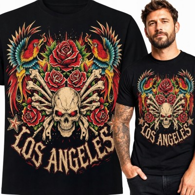 Koszulka męska „Los Angeles” z czaszką, różami i papugami - mroczny wzór tattoo