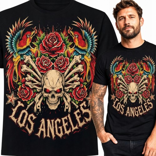 Koszulka męska „Los Angeles” z czaszką, różami i papugami - mroczny wzór tattoo