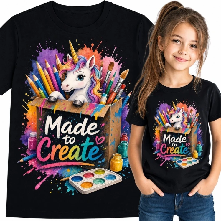 Koszulka dziewczęca z jednorożcem i napisem „Made to Create” - dla małej artystki