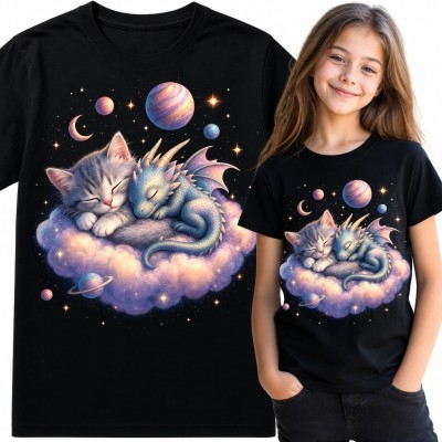 Koszulka dziewczęca ze śpiącym kotkiem i smokiem w kosmosie - pastelowy motyw fantasy