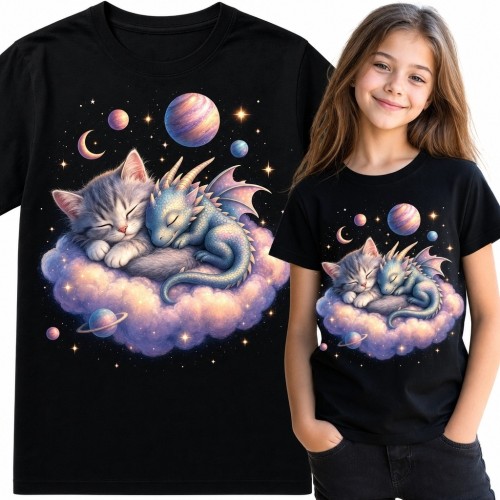Koszulka dziewczęca ze śpiącym kotkiem i smokiem w kosmosie - pastelowy motyw fantasy
