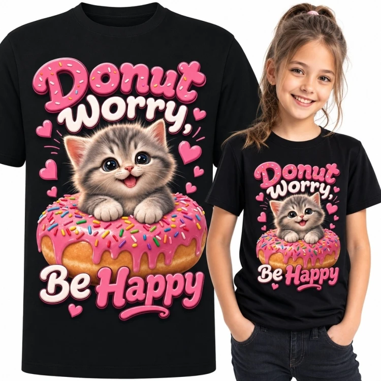 Koszulka dziewczęca z kotkiem w pączku „Donut Worry, Be Happy”