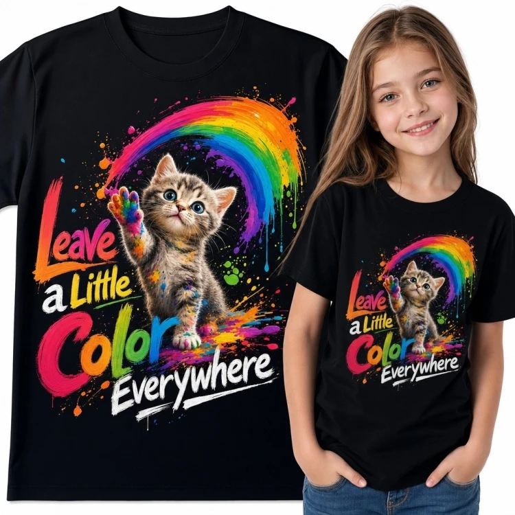 Koszulka dziewczęca z kotkiem i tęczą „Leave a Little Color Everywhere”