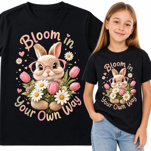 Koszulka dziewczęca z króliczkiem w różowych okularach „Bloom in Your Own Way”