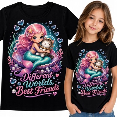 Koszulka dziewczęca z syrenką i kotem „Different Worlds, Best Friends” - bajkowa przyjaźń