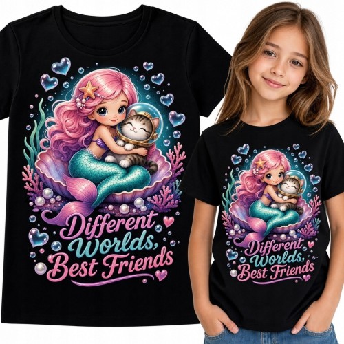 Koszulka dziewczęca z syrenką i kotem „Different Worlds, Best Friends” - bajkowa przyjaźń