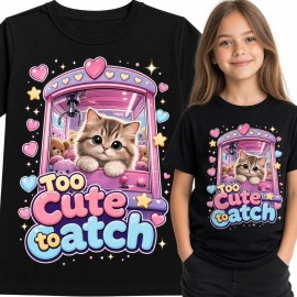 Koszulka dziewczęca z kotkiem w automacie „Too Cute to Catch” - wzór kawaii