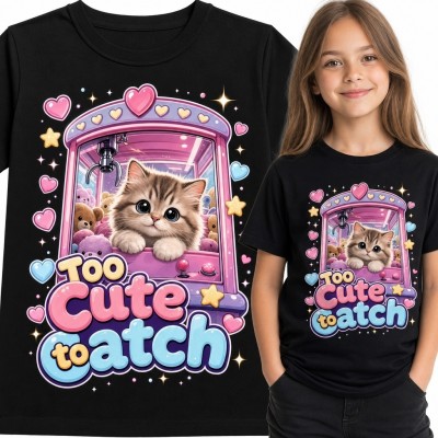 Koszulka dziewczęca z kotkiem w automacie „Too Cute to Catch” - wzór kawaii