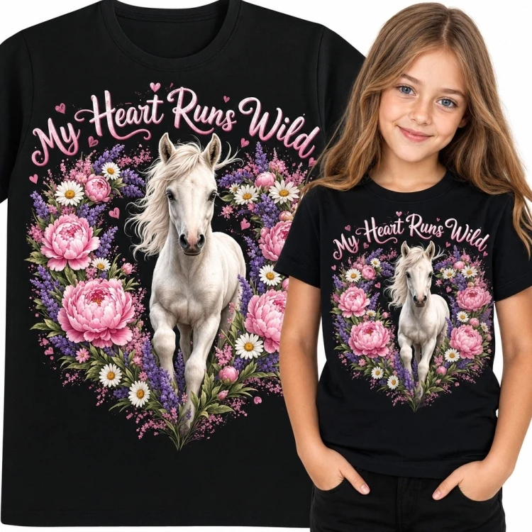 Koszulka dziewczęca z koniem i kwiatowym sercem „My Heart Runs Wild”