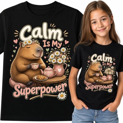 Koszulka dziewczęca z kapibarą „Calm Is My Superpower” - herbaciany motyw