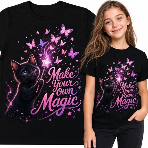Koszulka dziewczęca z magicznym kotkiem „Make your own Magic” - motyle i gwiazdy