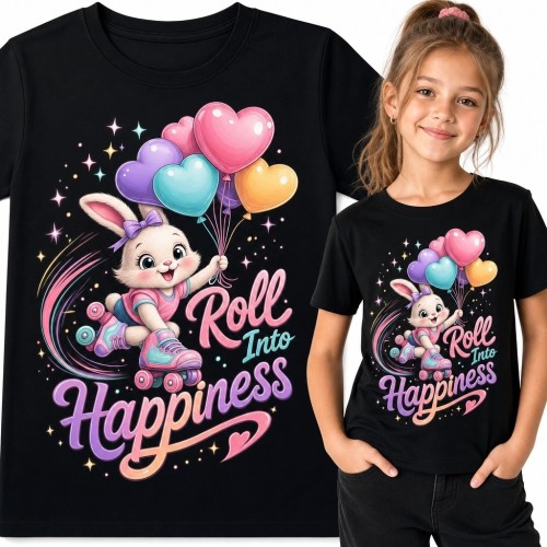 Koszulka dziewczęca z króliczką na wrotkach - „Roll Into Happiness”