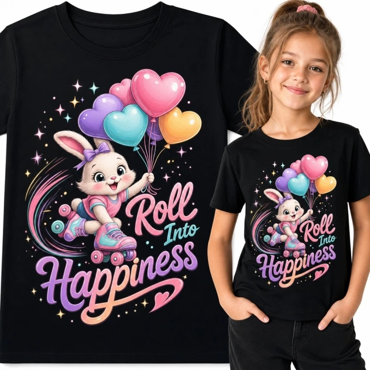 Koszulka dziewczęca z króliczką na wrotkach - „Roll Into Happiness”