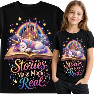 Koszulka dziewczęca z jednorożcem na książce i napisem „Stories Make Magic Real” - baśniowy wzór
