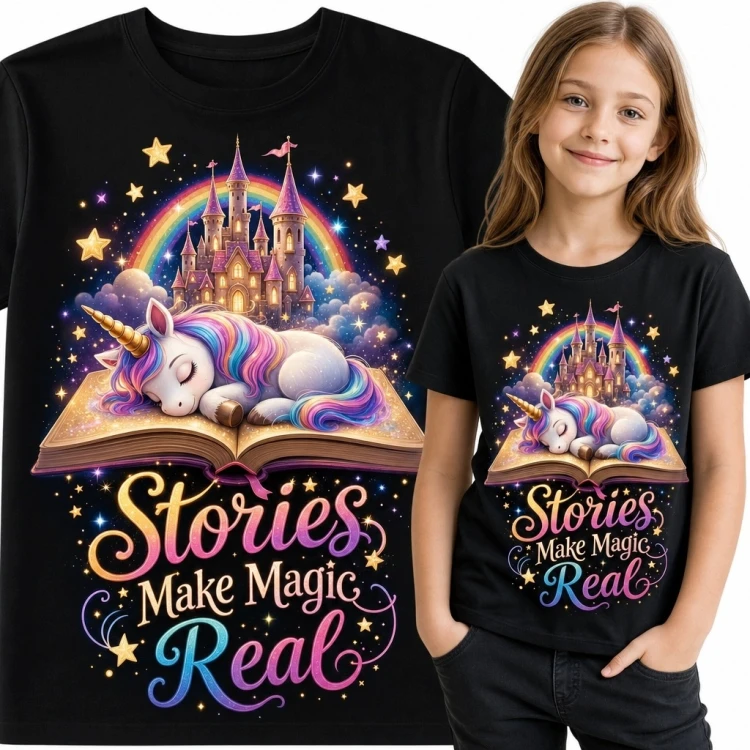 Koszulka dziewczęca z jednorożcem na książce i napisem „Stories Make Magic Real” - baśniowy wzór