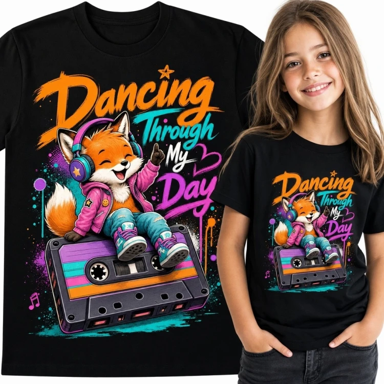 Koszulka dziewczęca z lisem w słuchawkach i napisem „Dancing Through My Day” - muzyczny styl retro