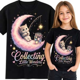 Koszulka dziewczęca z kotkiem na różowym księżycu „Collecting Little Wonders” - gwiezdny motyw
