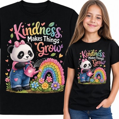 Koszulka dziewczęca z pandą i kwiatową tęczą - „Kindness Makes Things Grow”