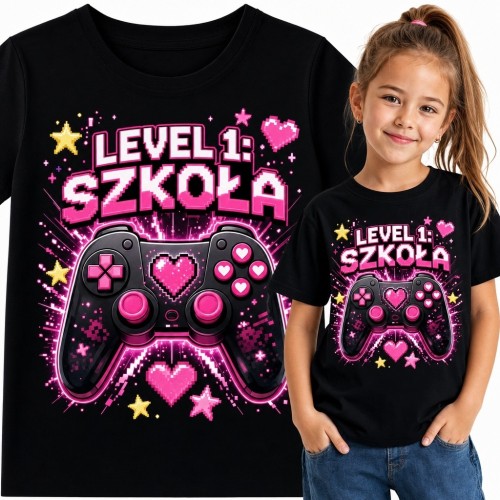 Koszulka dziewczęca dla graczki „Level 1: Szkoła” - kontroler i pikselowe serca