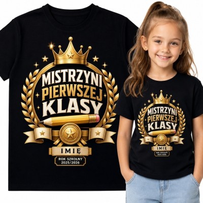 Koszulka dziewczęca „Mistrzyni pierwszej klasy” z imieniem - rok szkolny 2025/2026