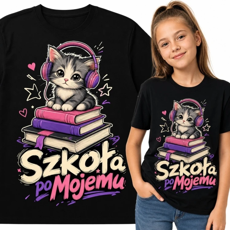 Koszulka dziewczęca „Szkoła po Mojemu” - kotek w słuchawkach na stosie książek