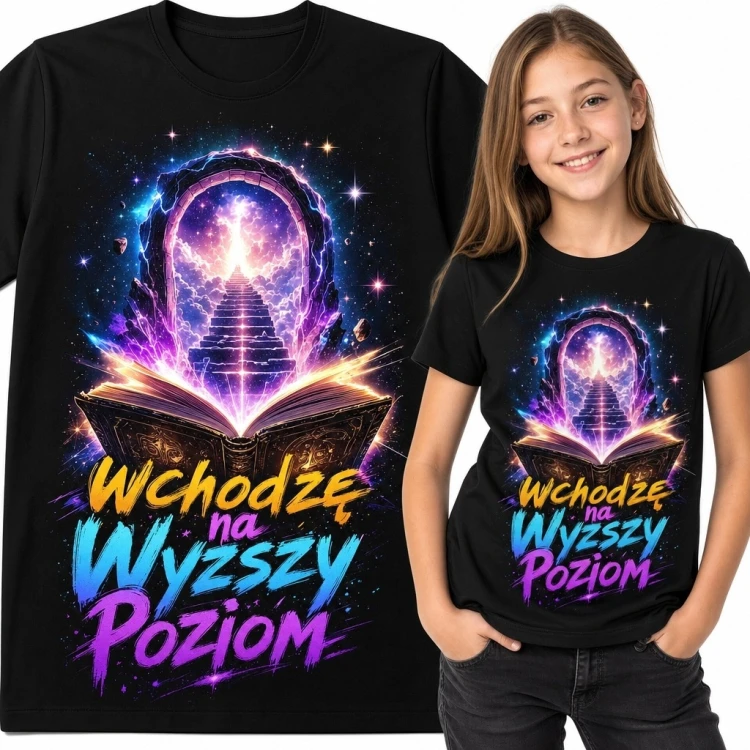 Koszulka dziewczęca fantasy z magiczną księgą „Wchodzę na wyższy poziom”