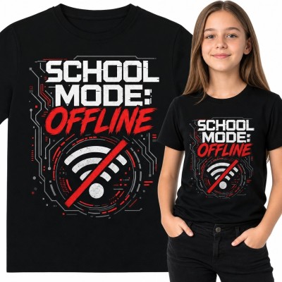 Koszulka dziewczęca z przekreślonym symbolem Wi-Fi „School mode: offline” - szkolny motyw technologiczny