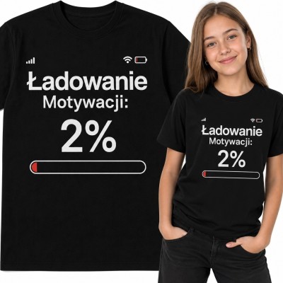 Koszulka dziewczęca z baterią „Ładowanie Motywacji: 2%” - śmieszny nadruk