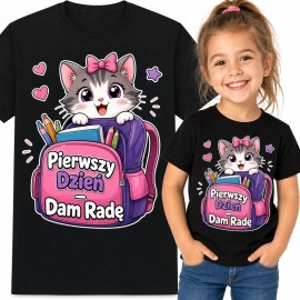 Koszulka dziewczęca na pierwszy dzień szkoły lub przedszkola z kotką „Pierwszy dzień - dam radę”