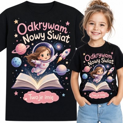Koszulka dziewczęca z astronautką „Odkrywam Nowy Świat” - personalizowana imieniem