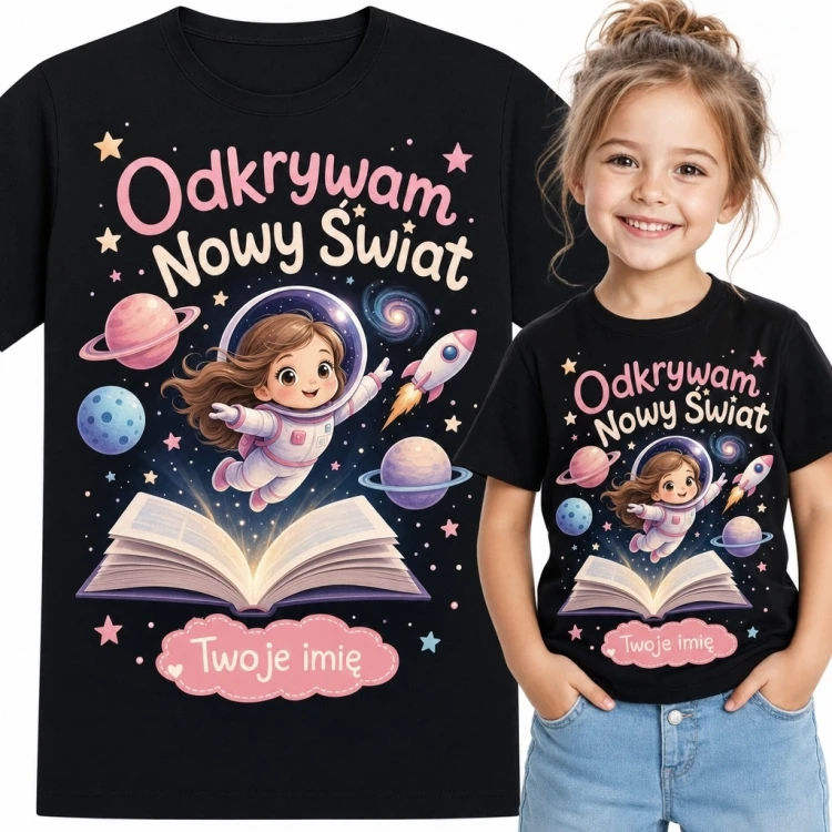 Koszulka dziewczęca z astronautką „Odkrywam Nowy Świat” - personalizowana imieniem