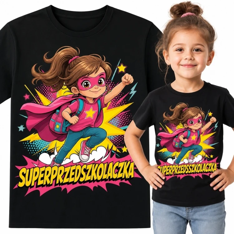 Koszulka dziewczęca z superbohaterką „Superprzedszkolaczka” - komiksowy wzór