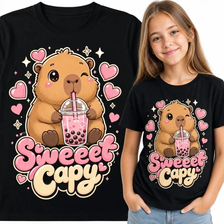 Koszulka dziewczęca z kapibarą pijącą bubble tea „Sweeeet Capy” - kawaii