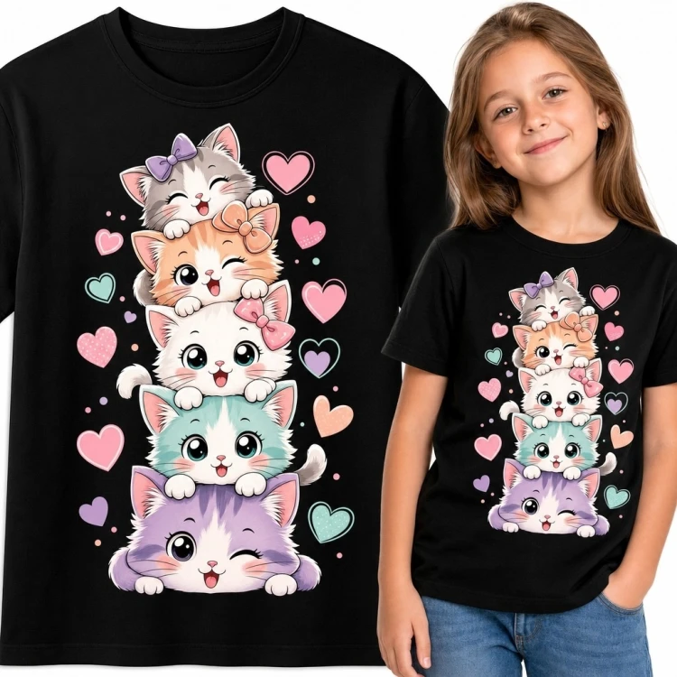 Koszulka dziewczęca z pięcioma kotkami kawaii - pastelowe serca