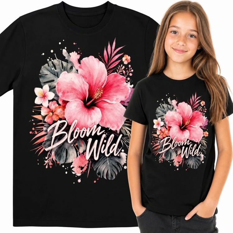Koszulka dziewczęca z hibiskusem „Bloom Wild!” - tropikalny motyw kwiatowy