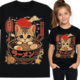Koszulka dziewczęca z kociakiem w misce ramenu „ラーメン” - kawaii retro