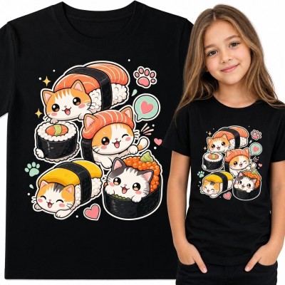 Koszulka dziewczęca z kotami sushi - kolorowy wzór kawaii