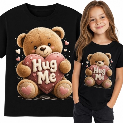 Koszulka dziewczęca z misiem obejmującym serce „Hug Me” - czarna