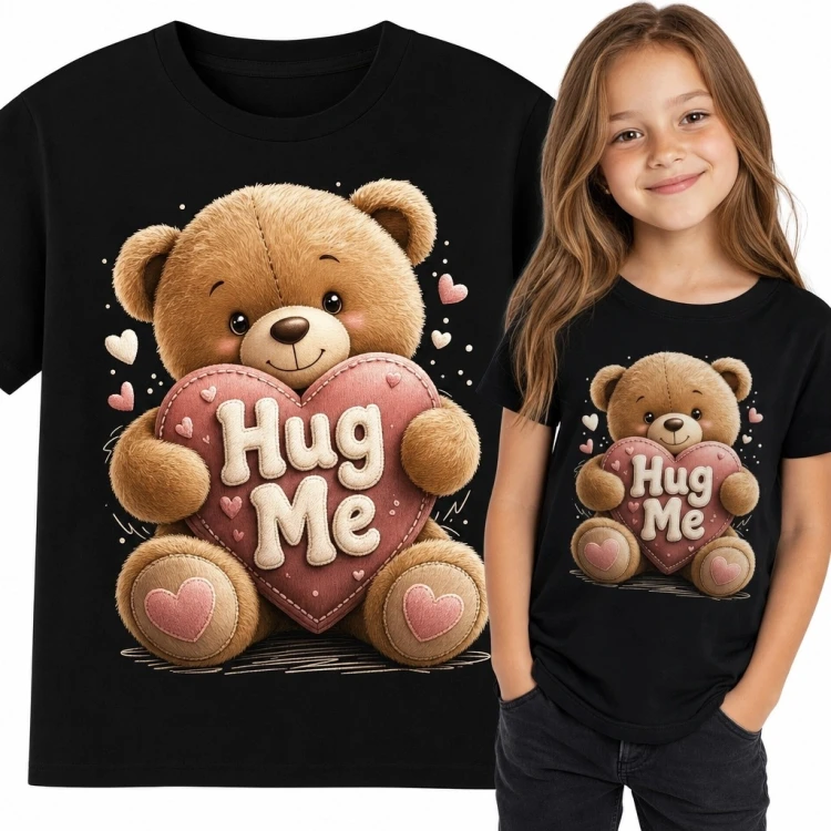 Koszulka dziewczęca z misiem obejmującym serce „Hug Me” - czarna